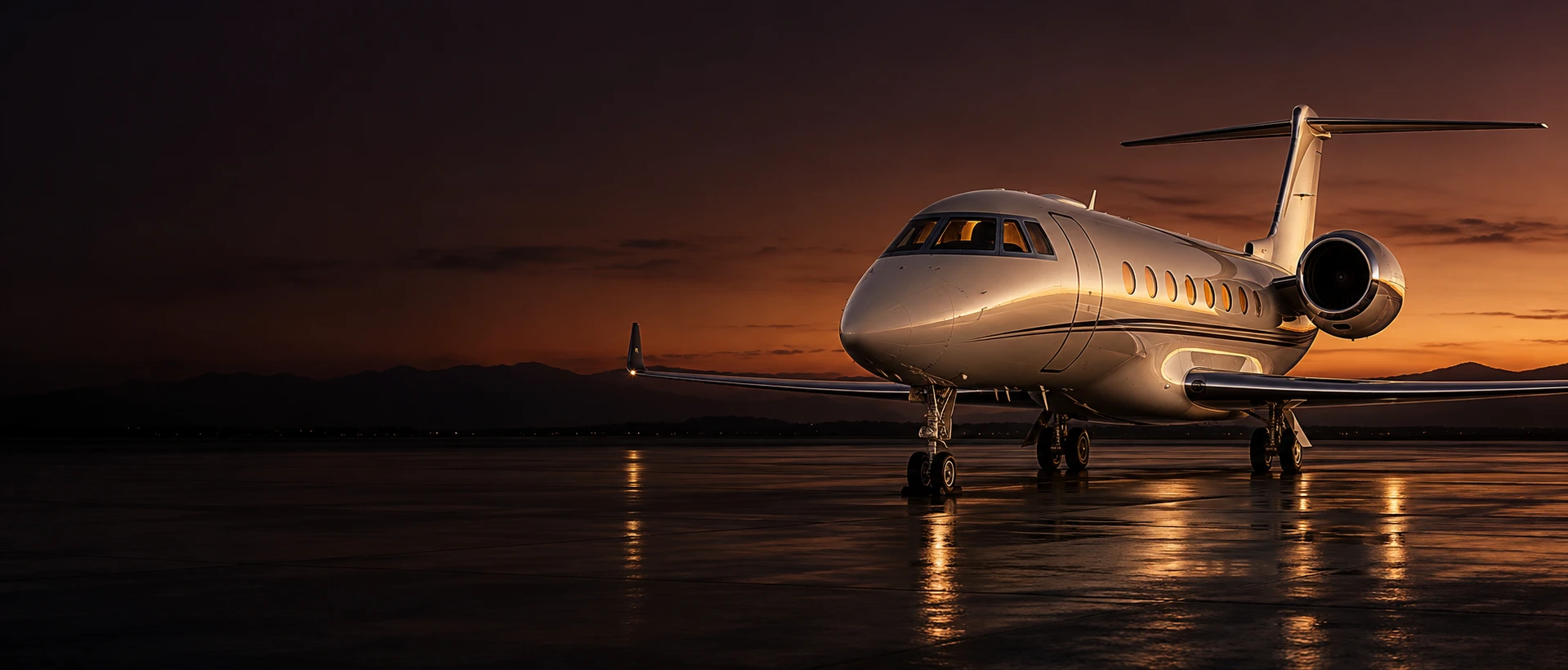 Atmospheric illustration of a champagne-white private jet at dusk